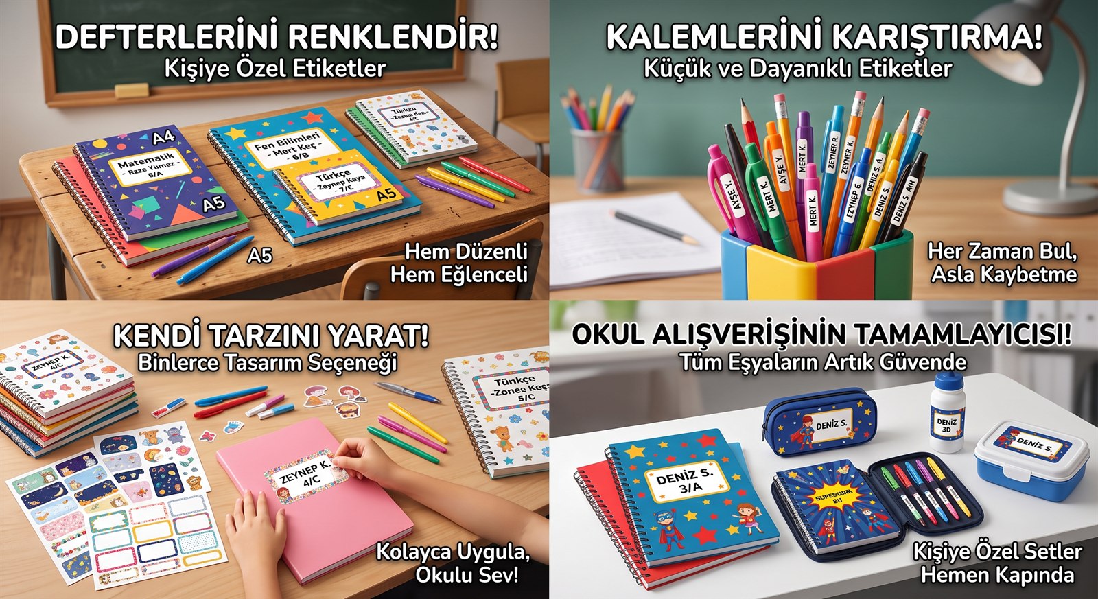 Defter ve kalem etiketleri için okul temalı örnek görsel