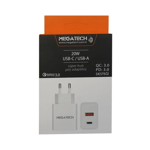 Megatech 20w Beyaz USB-C USB-A Şarj Kafa QC:3.0/P