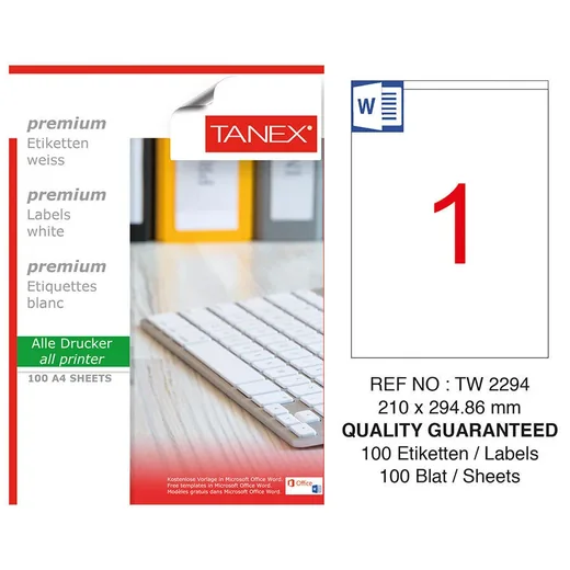 Tanex Laser Etiket 100 YP 210x294,86 Laser-Copy-Inkjet TW-2294