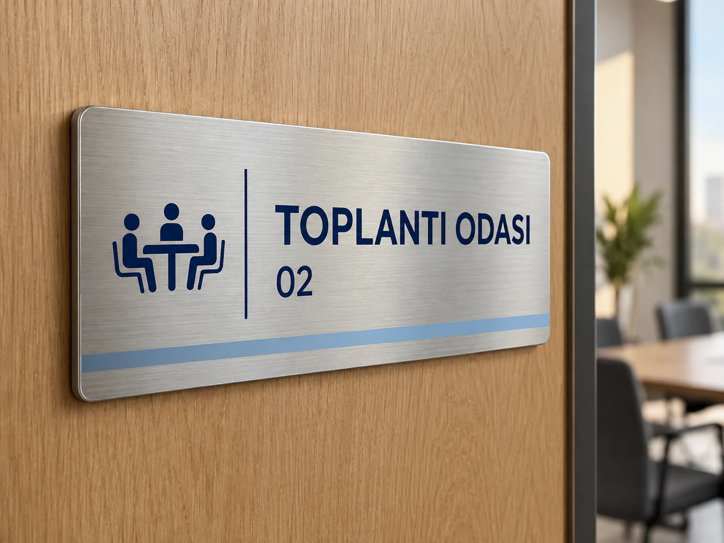 Fırçalanmış metal üzerinde toplantı odası kapı levhası · uygulama örneği