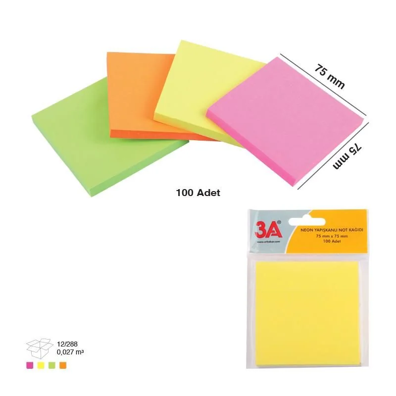 YAPISKANLI NOT KAĞIDI NEON RENK 75X75mm (100 adet)