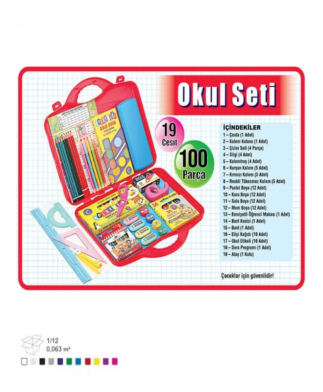OKUL SETİ ÇANTALI 19 ÇEŞİT 100 PARÇA